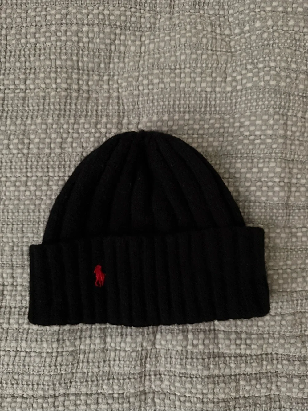 Polo by Ralph Lauren Black Ribbed Knit Beanie with Red Pony